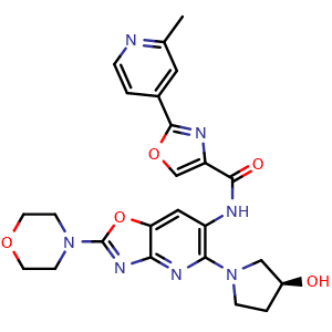 Chemical structure of (S)-N-(5-(3-hydroxypyrrolidin-1-yl)-2-morpholinooxazolo[4,5-b]pyridin-6-yl)-2-(2-methylpyridin-4-yl)oxazole-4-carboxamide , CAS 1801344-12-6, AChemBlock X203378