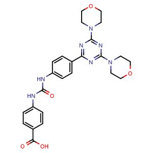 Chemical structure of 4-[({4-[bis(morpholin-4-yl)-1,3,5-triazin-2-yl]phenyl}carbamoyl)amino]benzoic acid , CAS 1197160-66-9, AChemBlock X203444