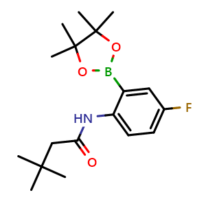 Chemical structure of N-(4-fluoro-2-(4,4,5,5-tetramethyl-1,3,2-dioxaborolan-2-yl)phenyl)-3,3-dimethylbutanamide , CAS 2246771-83-3, AChemBlock X203553