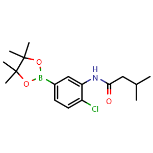Chemical structure of N-[2-chloro-5-(tetramethyl-1,3,2-dioxaborolan-2-yl)phenyl]-3-methylbutanamide , CAS 2246671-04-3, AChemBlock X203622