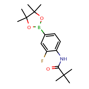 Chemical structure of N-[2-fluoro-4-(tetramethyl-1,3,2-dioxaborolan-2-yl)phenyl]-2,2-dimethylpropanamide , CAS 2246895-97-4, AChemBlock X203626