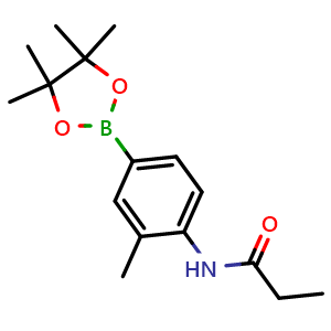 Chemical structure of N-[2-methyl-4-(tetramethyl-1,3,2-dioxaborolan-2-yl)phenyl]propanamide , CAS 2246585-68-0, AChemBlock X203635