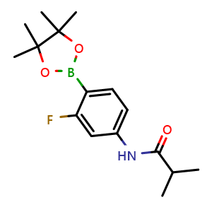 Chemical structure of N-[3-fluoro-4-(tetramethyl-1,3,2-dioxaborolan-2-yl)phenyl]-2-methylpropanamide , CAS 2246875-71-6, AChemBlock X203640