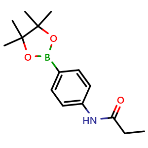 Chemical structure of N-[4-(4,4,5,5-tetramethyl-1,3,2-dioxaborolan-2-yl)phenyl]propanamide , CAS 2246698-15-5, AChemBlock X203647