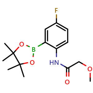 Chemical structure of N-[4-fluoro-2-(tetramethyl-1,3,2-dioxaborolan-2-yl)phenyl]-2-methoxyacetamide , CAS 2246895-78-1, AChemBlock X203652