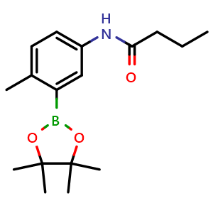 Chemical structure of N-[4-methyl-3-(tetramethyl-1,3,2-dioxaborolan-2-yl)phenyl]butanamide , CAS 2246814-38-8, AChemBlock X203655