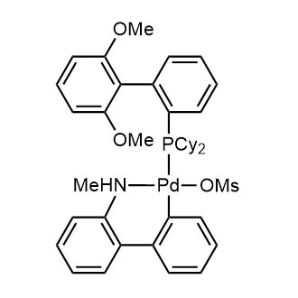 Chemical structure of Methanesulfonato(2-dicyclohexylphosphino-2',6'-dimethoxy-1,1'-biphenyl)(2'-methylamino-1,1'-biphenyl-2-yl)palladium(II) , CAS 1599466-87-1, AChemBlock X203674
