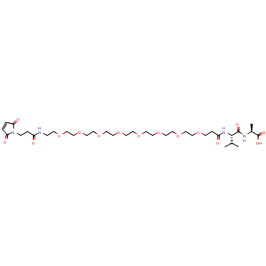 Chemical structure of (2S)-2-[[(2S)-2-[3-[2-[2-[2-[2-[2-[2-[2-[2-[3-(2,5-dioxopyrrol-1-yl)propanoylamino]ethoxy]ethoxy]ethoxy]ethoxy]ethoxy]ethoxy]ethoxy]ethoxy]propanoylamino]-3-methyl-butanoyl]amino]propanoic acid , CAS 1800456-99-8, AChemBlock X203681