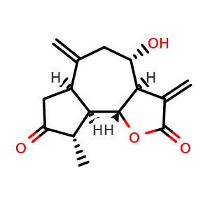 Chemical structure of (3aR,4S,6aR,9S,9aR,9bR)-4-hydroxy-9-methyl-3,6-dimethyleneoctahydroazuleno[4,5-b]furan-2,8(3H,4H)-dione , CAS 22489-66-3, AChemBlock X203696