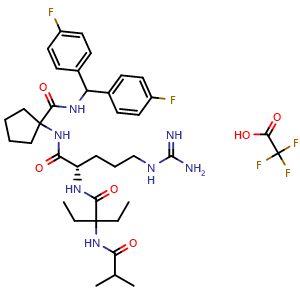 Chemical structure of (S)-N-(bis(4-fluorophenyl)methyl)-1-(2-(2-ethyl-2-isobutyramidobutanamido)-5-guanidinopentanamido)cyclopentane-1-carboxamide 2,2,2-trifluoroacetate , CAS 1883545-52-5, AChemBlock X203704