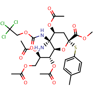 Chemical structure of 5-(2,2,2-Trichloroethoxycarbonylamino)-4,7,8,9-tetra-O-acetyl-2-S-(4-methylphenyl)-2-thioneuraminic acid methyl Ester , AChemBlock X203713