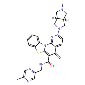 Chemical structure of rel-2-((3aR,6aS)-5-methylhexahydropyrrolo[3,4-c]pyrrol-2(1H)-yl)-N-((5-methylpyrazin-2-yl)methyl)-5-oxo-5H-benzo[4,5]thiazolo[3,2-a][1,8]naphthyridine-6-carboxamide , CAS 1639357-93-9, AChemBlock X203811