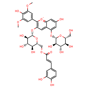 Chemical structure of 3-(((2S,3R,4S,5S,6R)-6-((((E)-3-(3,4-dihydroxyphenyl)acryloyl)oxy)methyl)-3,4,5-trihydroxytetrahydro-2H-pyran-2-yl)oxy)-7-hydroxy-2-(4-hydroxy-3,5-dimethoxyphenyl)-5-(((2S,3R,4S,5S,6R)-3,4,5-trihydroxy-6-(hydroxymethyl)tetrahydro-2H-pyran-2-yl)oxy)ch.. , CAS 1374753-08-8, AChemBlock X203873