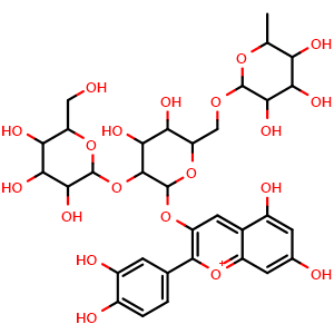 Chemical structure of 3-((4,5-dihydroxy-3-((3,4,5-trihydroxy-6-(hydroxymethyl)tetrahydro-2H-pyran-2-yl)oxy)-6-(((3,4,5-trihydroxy-6-methyltetrahydro-2H-pyran-2-yl)oxy)methyl)tetrahydro-2H-pyran-2-yl)oxy)-2-(3,4-dihydroxyphenyl)-5,7-dihydroxychromenylium , CAS 755695-57-9, AChemBlock X203877