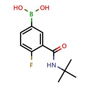 Chemical structure of (3-(tert-Butylcarbamoyl)-4-fluorophenyl)boronic acid , CAS 874219-26-8, AChemBlock X204065