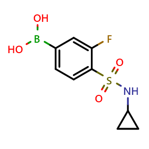 Chemical structure of (4-(N-cyclopropylsulfamoyl)-3-fluorophenyl)boronic acid , CAS 1704096-55-8, AChemBlock X204148