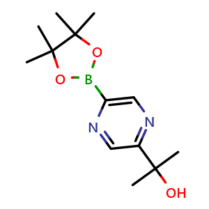 Chemical structure of 2-(5-(4,4,5,5-tetramethyl-1,3,2-dioxaborolan-2-yl)pyrazin-2-yl)propan-2-ol , CAS 2223035-79-6, AChemBlock X205131