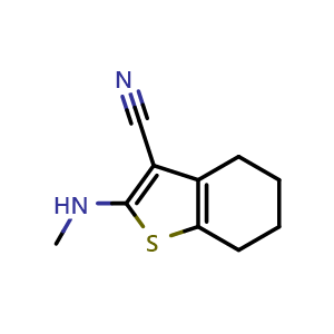 Chemical structure of 2-(methylamino)-4,5,6,7-tetrahydro-1-benzothiophene-3-carbonitrile , CAS 330819-87-9, AChemBlock X205207