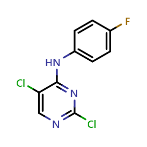 Chemical structure of 2,5-dichloro-N-(4-fluorophenyl)pyrimidin-4-amine , CAS 280582-13-0, AChemBlock X205364
