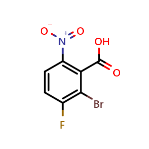 Chemical structure of 2-bromo-3-fluoro-6-nitro-benzoic acid , CAS 881415-27-6, AChemBlock X205557