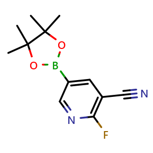 Chemical structure of 2-fluoro-5-(4,4,5,5-tetramethyl-1,3,2-dioxaborolan-2-yl)nicotinonitrile , CAS 2304818-06-0, AChemBlock X205738