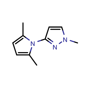 Chemical structure of 3-(2,5-dimethyl-1H-pyrrol-1-yl)-1-methyl-1H-pyrazole , CAS 34605-66-8, AChemBlock X205906