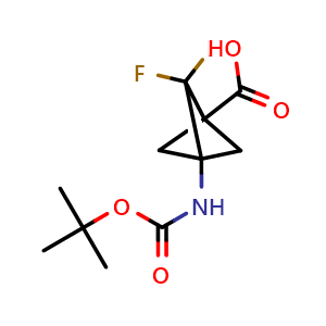 Chemical structure of 3-(tert-butoxycarbonylamino)-2,2-difluoro-bicyclo[1.1.1]pentane-1-carboxylic acid , CAS 2408970-21-6, AChemBlock X206001