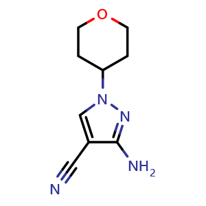 Chemical structure of 3-amino-1-(tetrahydro-2H-pyran-4-yl)-1H-pyrazole-4-carbonitrile , CAS 1707371-84-3, AChemBlock X206080