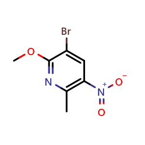 Chemical structure of 3-bromo-2-methoxy-6-methyl-5-nitro-pyridine , CAS 1351813-58-5, AChemBlock X206142