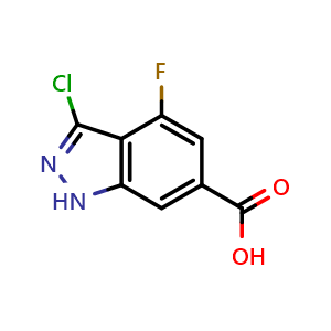 Chemical structure of 3-chloro-4-fluoro-1H-indazole-6-carboxylic acid , CAS 885521-61-9, AChemBlock X206204