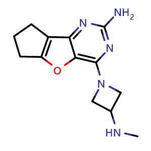 Chemical structure of 4-(3-(methylamino)azetidin-1-yl)-7,8-dihydro-6H-cyclopenta[4,5]furo[3,2-d]pyrimidin-2-amine , CAS 1148115-99-4, AChemBlock X206402