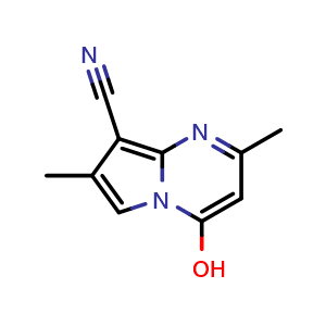 Chemical structure of 4-hydroxy-2,7-dimethylpyrrolo[1,2-a]pyrimidine-8-carbonitrile , CAS 2183215-98-5, AChemBlock X206774