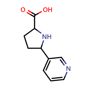 Chemical structure of 5-(pyridin-3-yl)pyrrolidine-2-carboxylic acid , CAS 3562-11-6, AChemBlock X206913