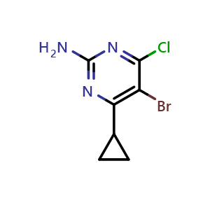 Chemical structure of 5-bromo-4-chloro-6-cyclopropylpyrimidin-2-amine , CAS 1335049-18-7, AChemBlock X207034