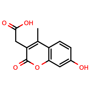 Chemical structure of 7-Hydroxy-4-methylcoumarin-3-acetic acid , CAS 5852-10-8, AChemBlock X207566