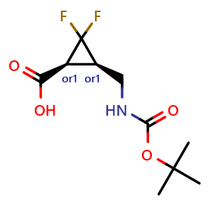 Chemical structure of cis-3-[(tert-butoxycarbonylamino)methyl]-2,2-difluoro-cyclopropanecarboxylic acid , CAS 2218437-05-7, AChemBlock X207775