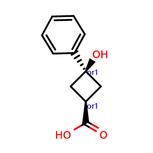 Chemical structure of cis-3-hydroxy-3-phenyl-cyclobutanecarboxylic acid , CAS 1812175-28-2, AChemBlock X207777