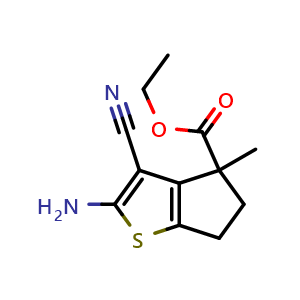 Chemical structure of ethyl 2-amino-3-cyano-4-methyl-5,6-dihydrocyclopenta[b]thiophene-4-carboxylate , CAS 175599-81-2, AChemBlock X207925