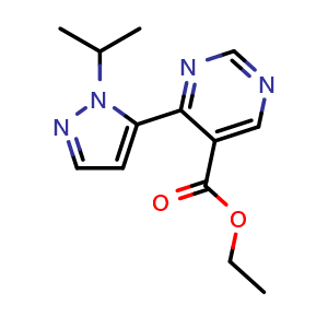 Chemical structure of ethyl 4-(1-isopropyl-1H-pyrazol-5-yl)pyrimidine-5-carboxylate , CAS 2096992-06-0, AChemBlock X207978