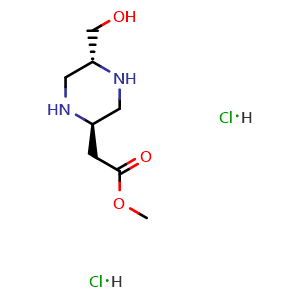 Chemical structure of methyl 2-[(2R,5R)-5-(hydroxymethyl)piperazin-2-yl]acetate dihydrochloride , CAS 2920206-55-7, AChemBlock X208177