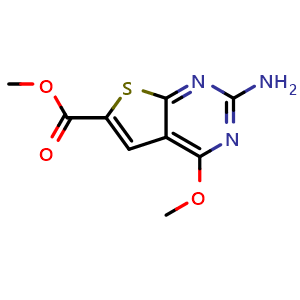 Chemical structure of methyl 2-amino-4-methoxythieno[2,3-d]pyrimidine-6-carboxylate , CAS 873544-79-7, AChemBlock X208185