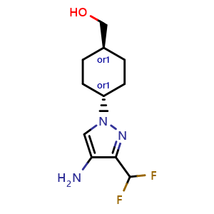 Chemical structure of trans-4-[4-amino-3-(difluoromethyl)-1H-pyrazol-1-yl]-Cyclohexanemethanol , CAS 2434841-21-9, AChemBlock X208836
