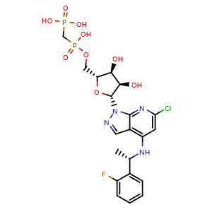 Chemical structure of (((((2R,3S,4R,5R)-5-(6-chloro-4-(((S)-1-(2-fluorophenyl)ethyl)amino)-1H-pyrazolo[3,4-b]pyridin-1-yl)-3,4-dihydroxytetrahydrofuran-2-yl)methoxy)(hydroxy)phosphoryl)methyl)phosphonic acid , CAS 2105904-82-1, AChemBlock X208858