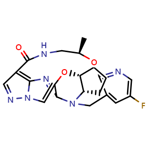 Chemical structure of (13E,14E,15aS,18aR,5R)-35-fluoro-5-methyl-15,15a,16,17,18,18a-hexahydro-4-oxa-7-aza-1(5,3)-cyclopenta[b]pyrazolo[1',5':1,2]pyrimido[4,5-e][1,4]oxazina-3(3,2)-pyridinacyclooctaphan-8-one , CAS 2359650-19-2, AChemBlock X208865