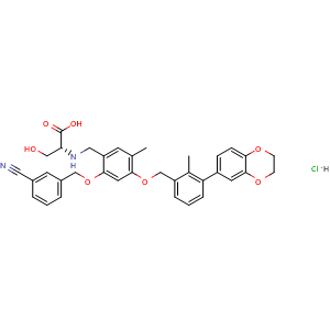 Chemical structure of (2-((3-cyanobenzyl)oxy)-4-((3-(2,3-dihydrobenzo[b][1,4]dioxin-6-yl)-2-methylbenzyl)oxy)-5-methylbenzyl)-D-serine hydrochloride , CAS 2113650-04-5, AChemBlock X208867
