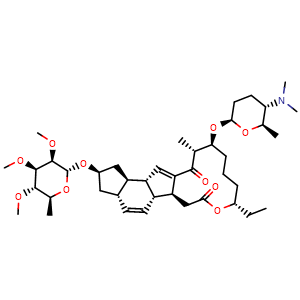 Chemical structure of (2R,3aS,5aR,5bS,9S,13S,14R,16aS,16bR)-13-(((2R,5S,6R)-5-(dimethylamino)-6-methyltetrahydro-2H-pyran-2-yl)oxy)-9-ethyl-14-methyl-2-(((2R,3R,4R,5S,6S)-3,4,5-trimethoxy-6-methyltetrahydro-2H-pyran-2-yl)oxy)-2,3,3a,5a,5b,6,9,10,11,12,13,14,16a,16b-tetrad.. , CAS 131929-60-7, AChemBlock X208871