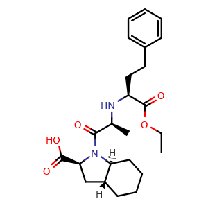 Chemical structure of (2S,3aR,7aS)-1-(((S)-1-ethoxy-1-oxo-4-phenylbutan-2-yl)-L-alanyl)octahydro-1H-indole-2-carboxylic acid , CAS 87679-37-6, AChemBlock X208883