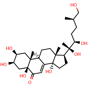 Chemical structure of (2S,3R,5S,9R,10R,13R,14S,17S)-2,3,5,14-tetrahydroxy-10,13-dimethyl-17-((2R,3R,6R)-2,3,7-trihydroxy-6-methylheptan-2-yl)-1,2,3,4,5,9,10,11,12,13,14,15,16,17-tetradecahydro-6H-cyclopenta[a]phenanthren-6-one , CAS 220757-97-1, AChemBlock X208887