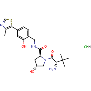 Chemical structure of (2S,4R)-1-((S)-2-amino-3,3-dimethylbutanoyl)-4-hydroxy-N-(2-hydroxy-4-(4-methylthiazol-5-yl)benzyl)pyrrolidine-2-carboxamide hydrochloride , CAS 2244684-41-9, AChemBlock X208888