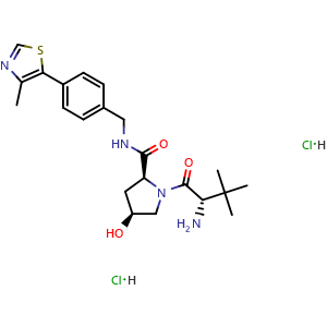 Chemical structure of (2S,4S)-1-((S)-2-amino-3,3-dimethylbutanoyl)-4-hydroxy-N-(4-(4-methylthiazol-5-yl)benzyl)pyrrolidine-2-carboxamide dihydrochloride , CAS 2376990-32-6, AChemBlock X208890